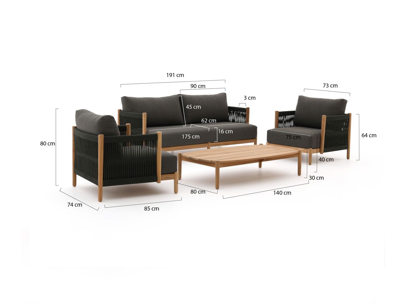 Zavelli Convivia Sessel-Sofa Lounge-Set 4-teilig 4-Sitzer